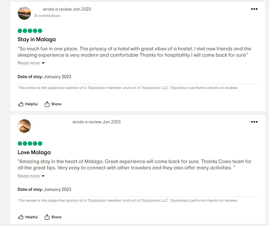 A Screenshot of two reviews from Tripadvisor about COEO Pod Hostel in Malaga